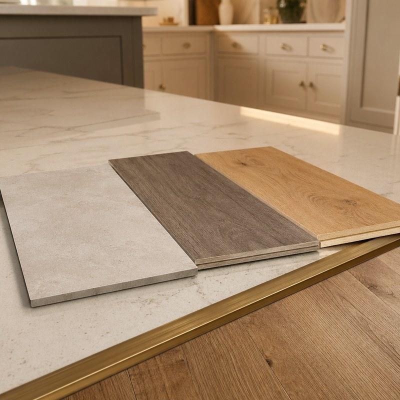 Porcelain tile luxury vinyl and engineered wood flooring samples
