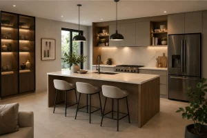 Modern kitchen with island and greenery