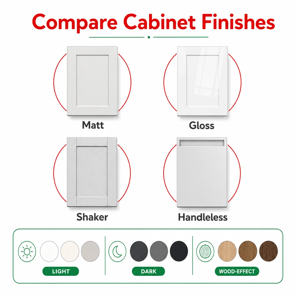 Graphic comparing matt, gloss, shaker and handleless cabinet finishes