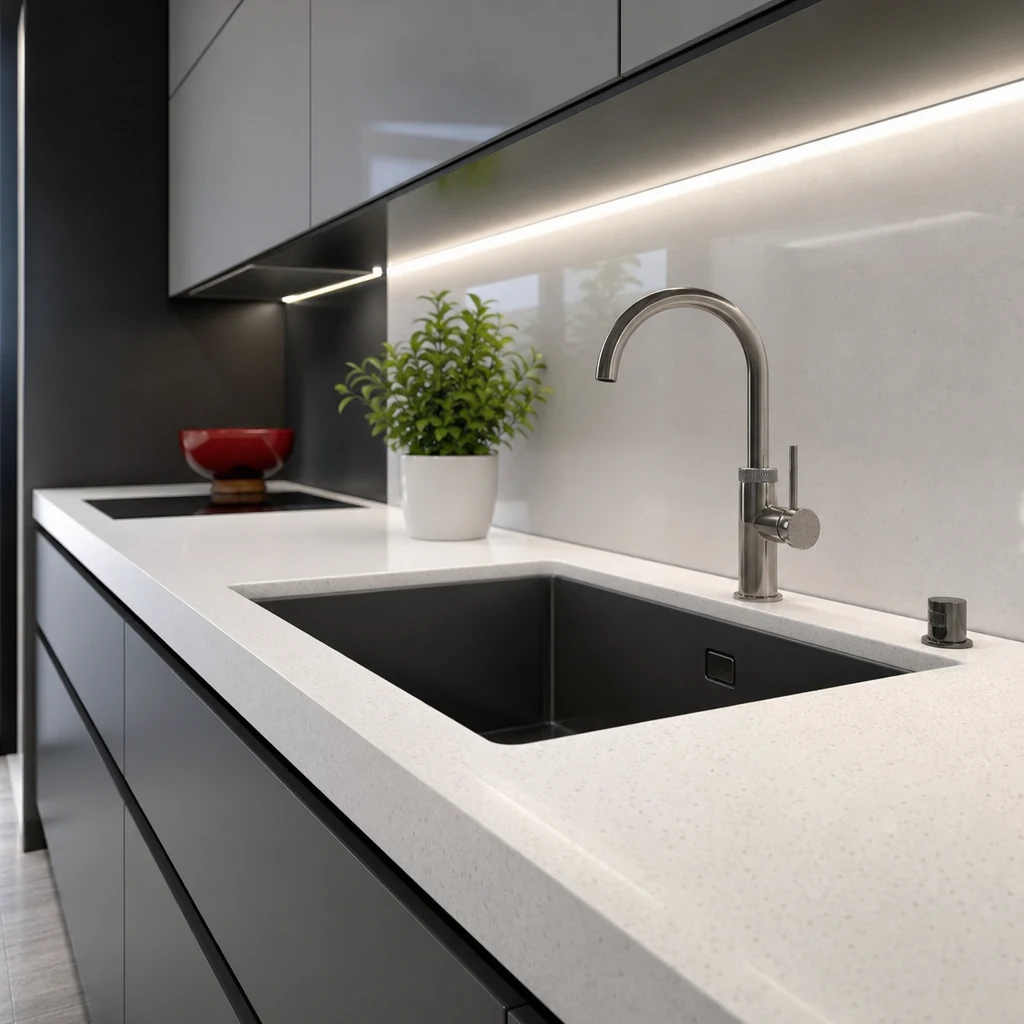 Kitchen showroom worktop with under-cabinet lighting and neat finishing details