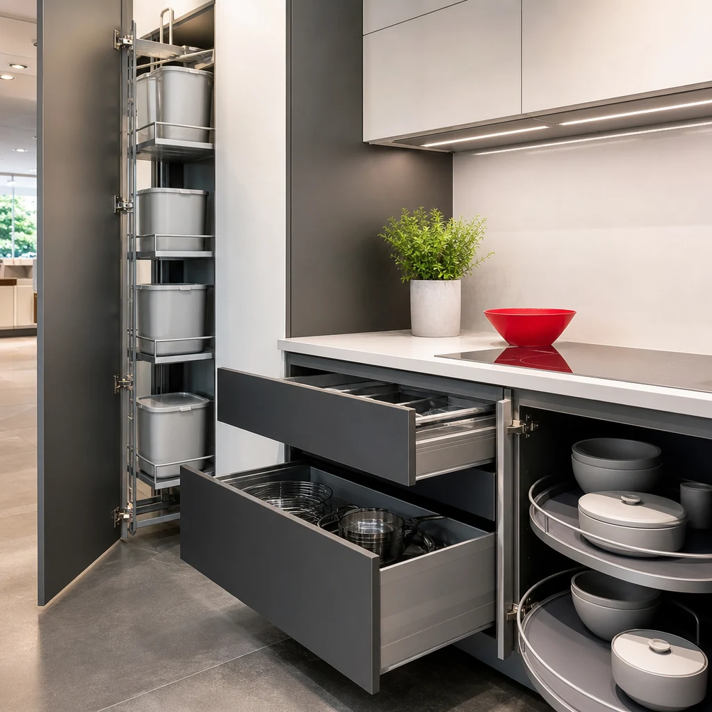 Open kitchen showroom storage showing deep drawers and pull-out cabinet fittings