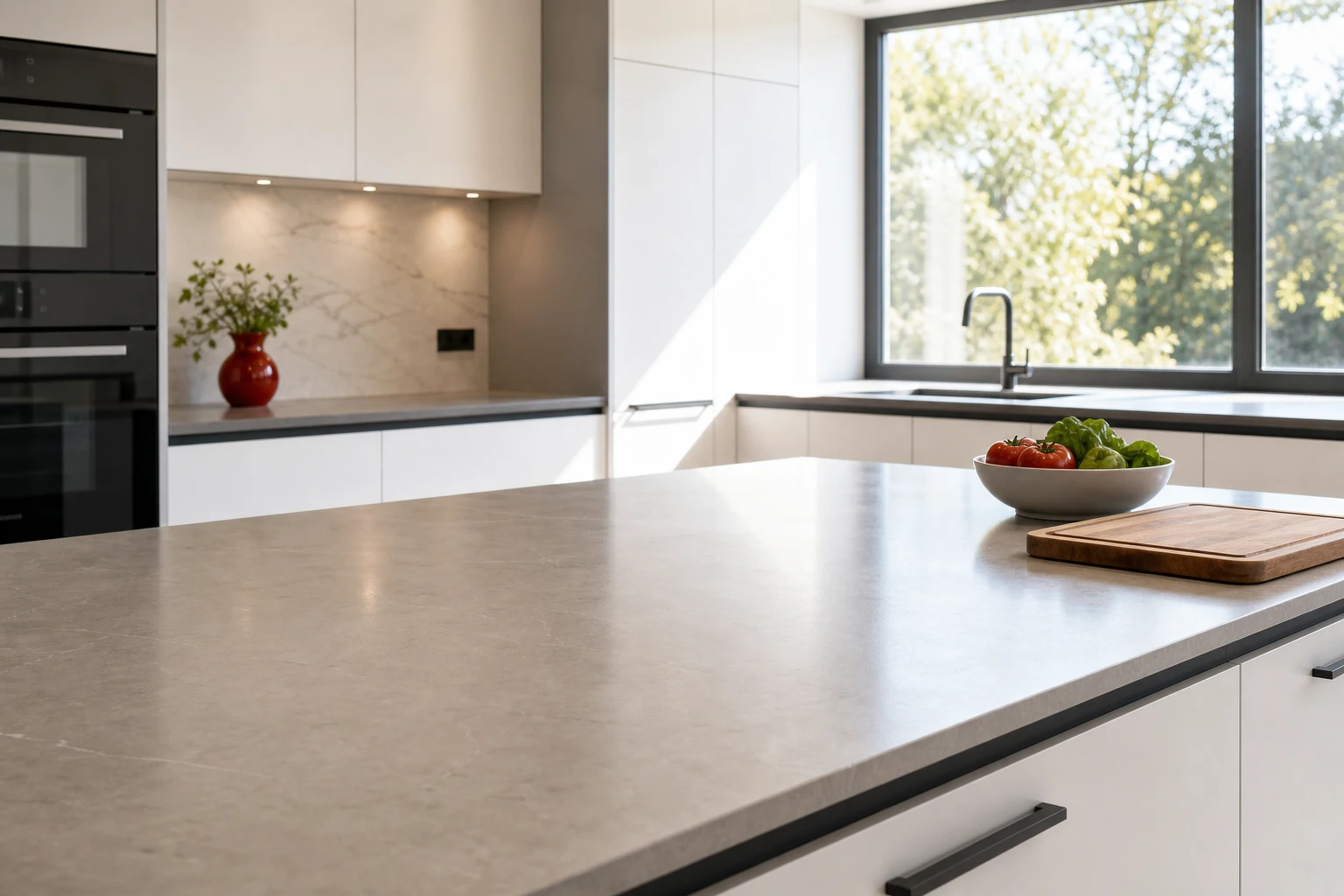 Clear kitchen worktop space prepared for food prep.