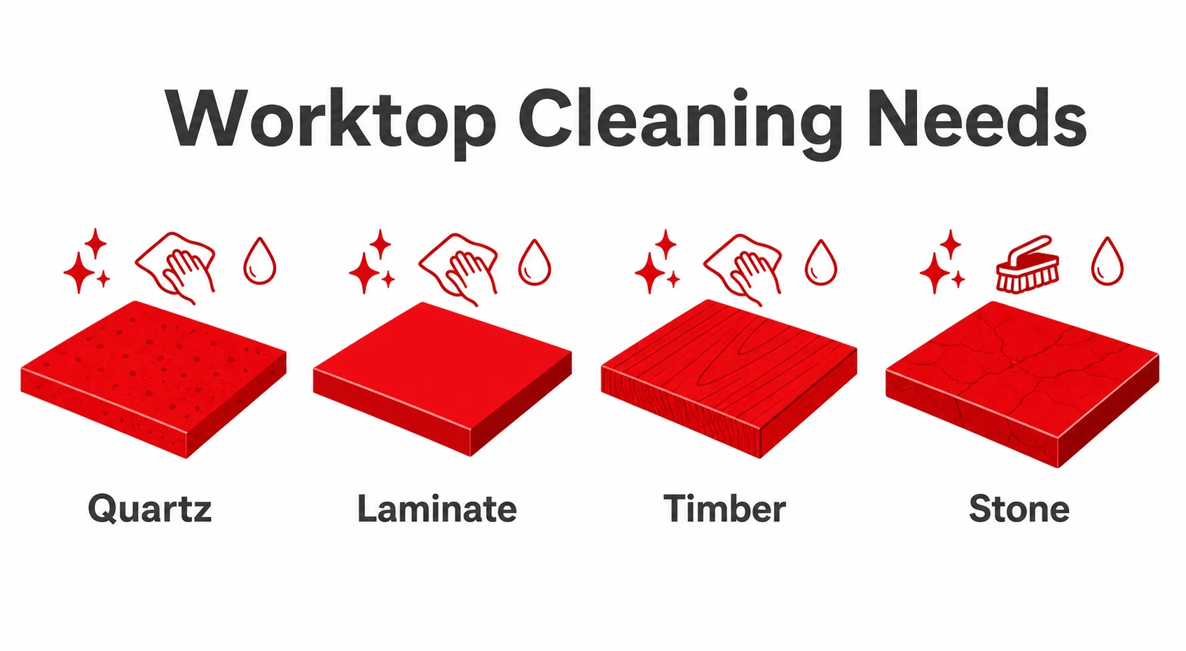 Graphic comparing cleaning needs for common kitchen worktop materials.