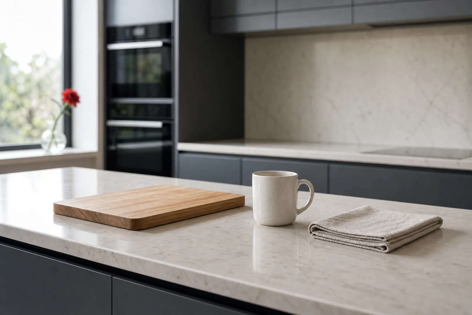 Kitchen island worktop with simple everyday items.