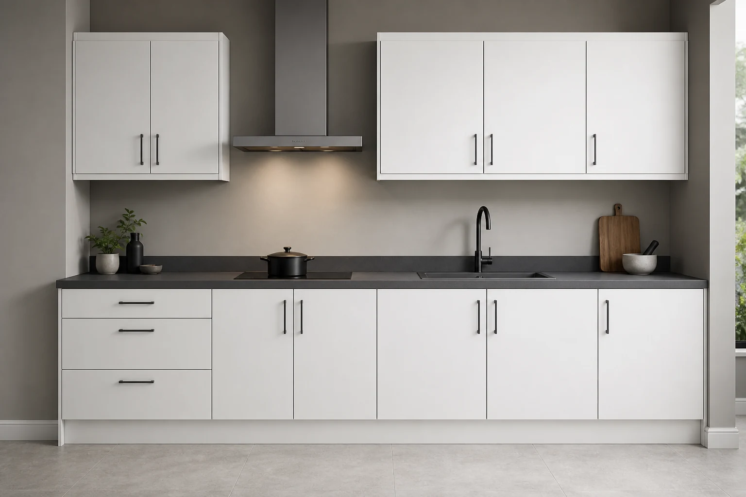 Aligned kitchen cabinets with even gaps and level drawer fronts