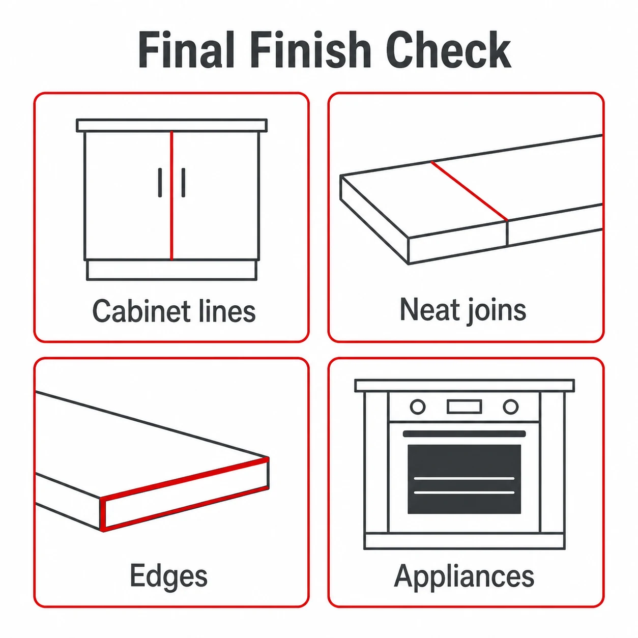 Final finish checklist covering cabinet lines, joins, edges and appliances