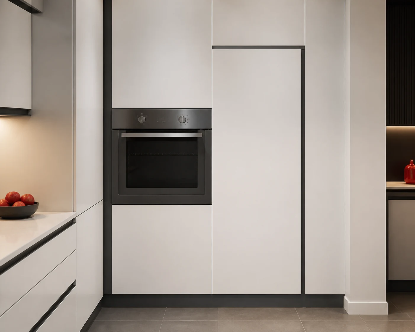 Integrated kitchen appliances fitted flush within modern cabinetry