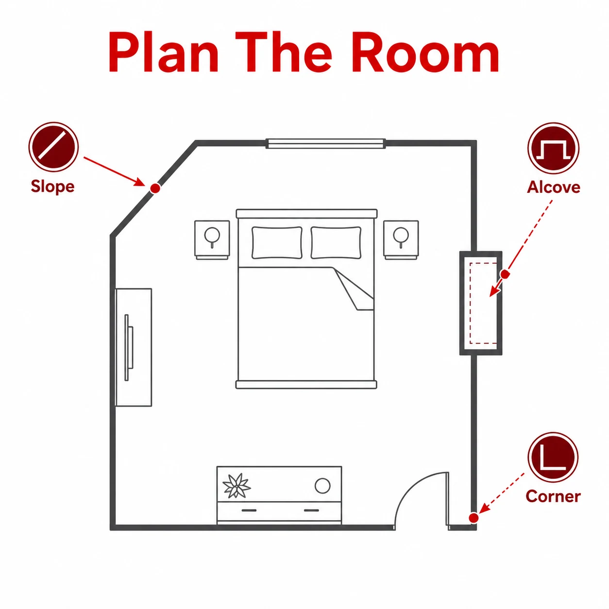Simple room plan showing a slope, alcove and corner to consider before storage design.