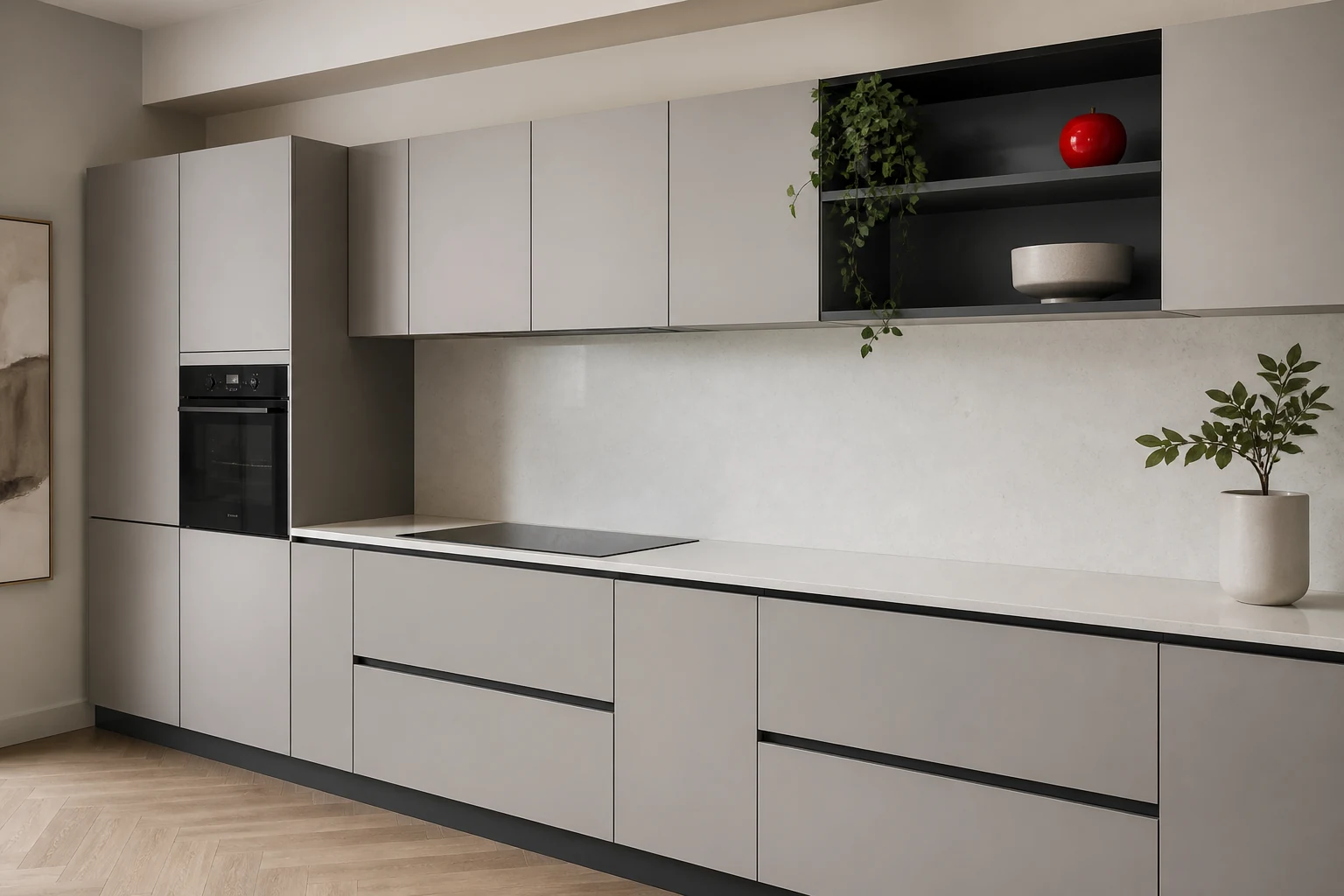 Calm modern kitchen with smooth matt cabinet doors