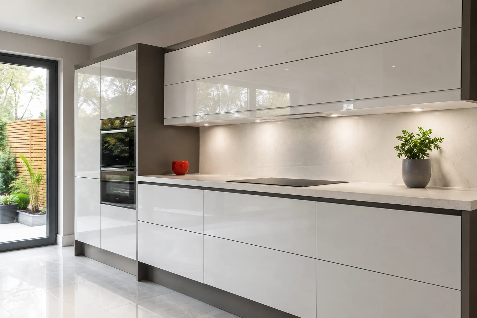 Gloss kitchen cabinets reflecting natural light in a bright modern room