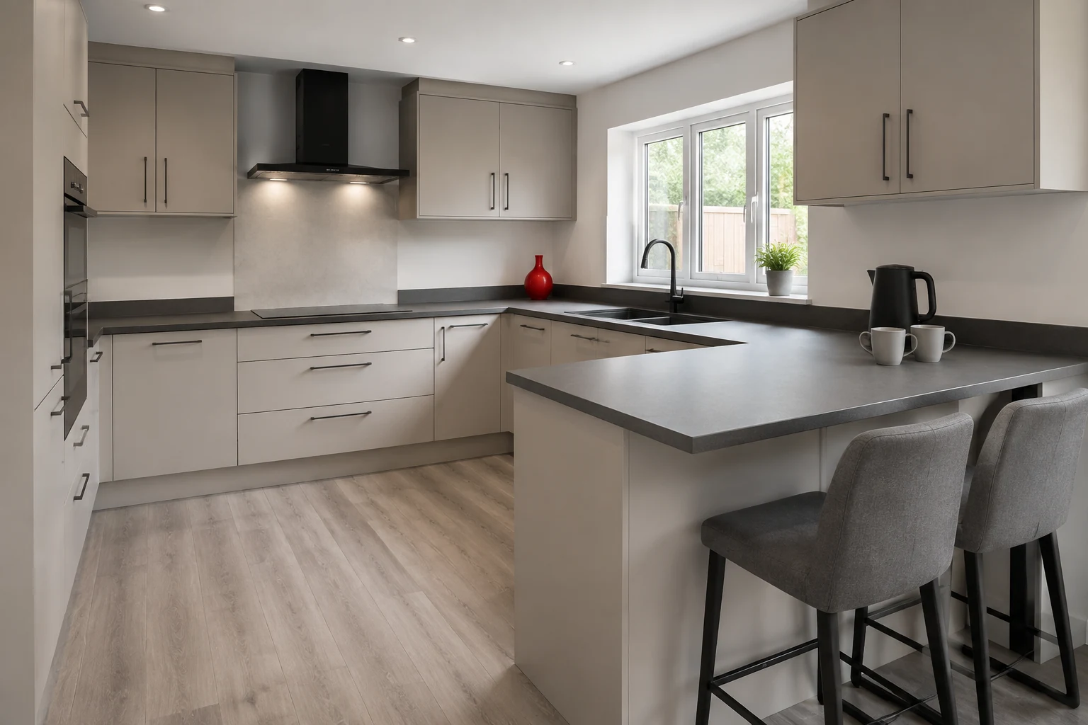 Practical modern kitchen layout with matt cabinets and clear worktop space
